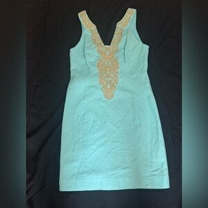 Lily Pulitzer Suzette shift dress teal with gold trim.